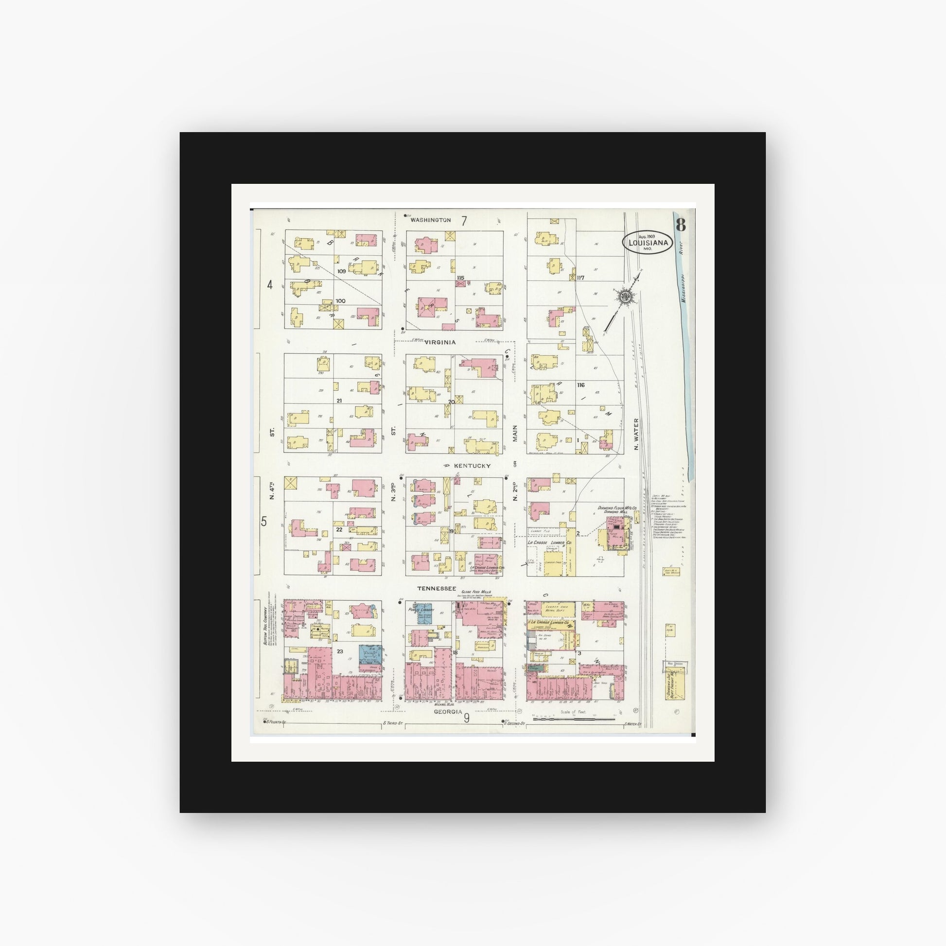 Old map wall art mockup — black gallery frame with white mat — Sanborn Fire Insurance Map from Louisiana, Pike County, Missouri (1909), Sheet #0008