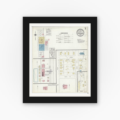 Old map wall art mockup — black gallery frame with white mat — Sanborn Fire Insurance Map from Divernon, Sangamon County, Illinois (1914), Sheet #0001