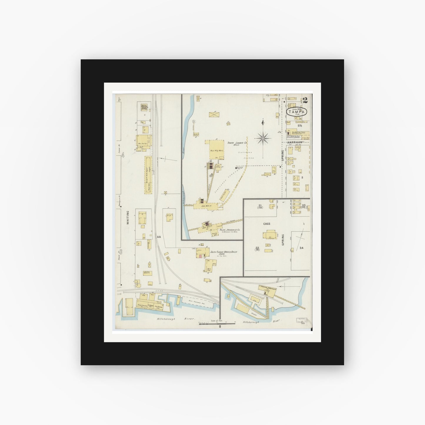 Old map wall art mockup — black gallery frame with white mat — Sanborn Fire Insurance Map from Tampa, Hillsborough County, Florida (1895), Sheet #0006