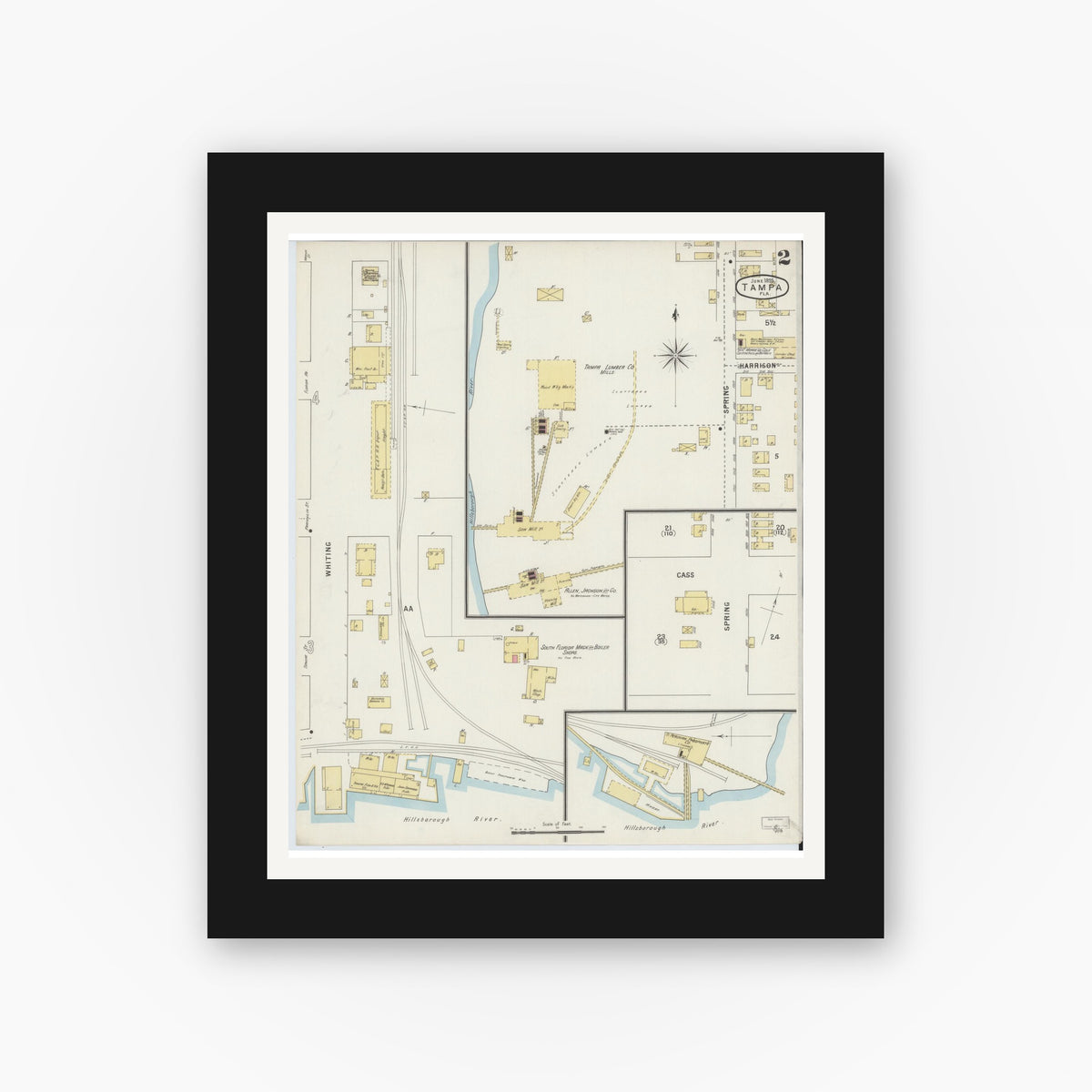 Old map wall art mockup — black gallery frame with white mat — Sanborn Fire Insurance Map from Tampa, Hillsborough County, Florida (1895), Sheet #0006