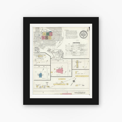 Old map wall art mockup — black gallery frame with white mat — Sanborn Fire Insurance Map from Pecos, Reeves County, Texas (1921), Sheet #0001
