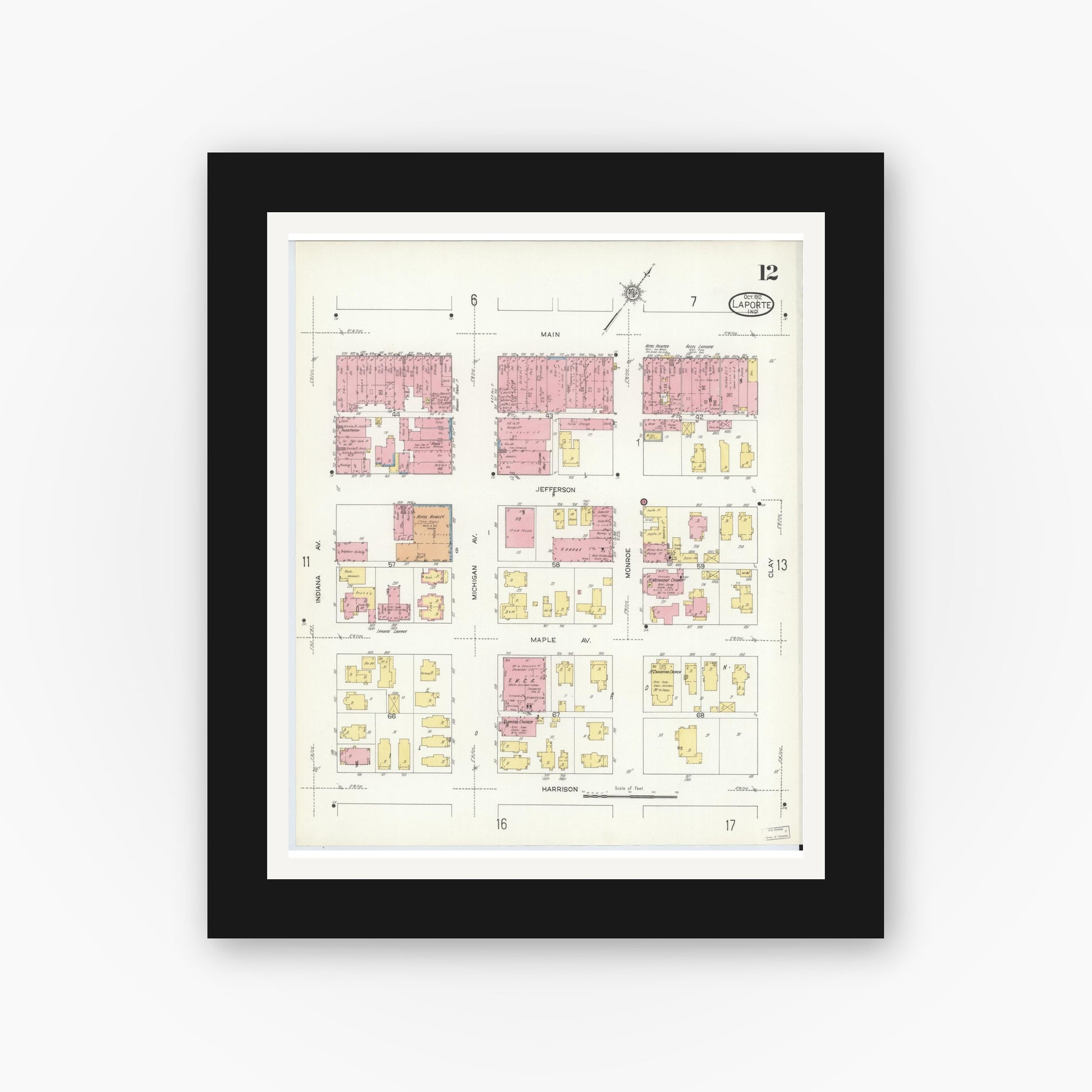 Old map wall art mockup — black gallery frame with white mat — Sanborn Fire Insurance Map from La Porte, La Porte County, Indiana (1912), Sheet #0012