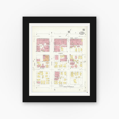 Old map wall art mockup — black gallery frame with white mat — Sanborn Fire Insurance Map from La Porte, La Porte County, Indiana (1912), Sheet #0012