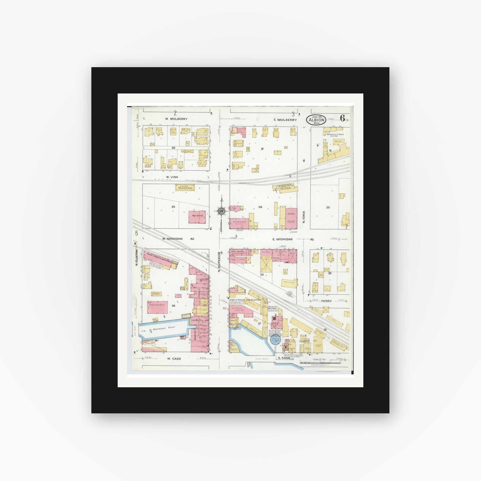 Old map wall art mockup — black gallery frame with white mat — Sanborn Fire Insurance Map from Albion, Calhoun County, Michigan (1918), Sheet #0006