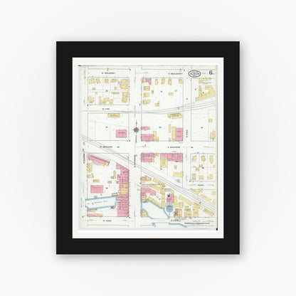 Old map wall art mockup — black gallery frame with white mat — Sanborn Fire Insurance Map from Albion, Calhoun County, Michigan (1918), Sheet #0006