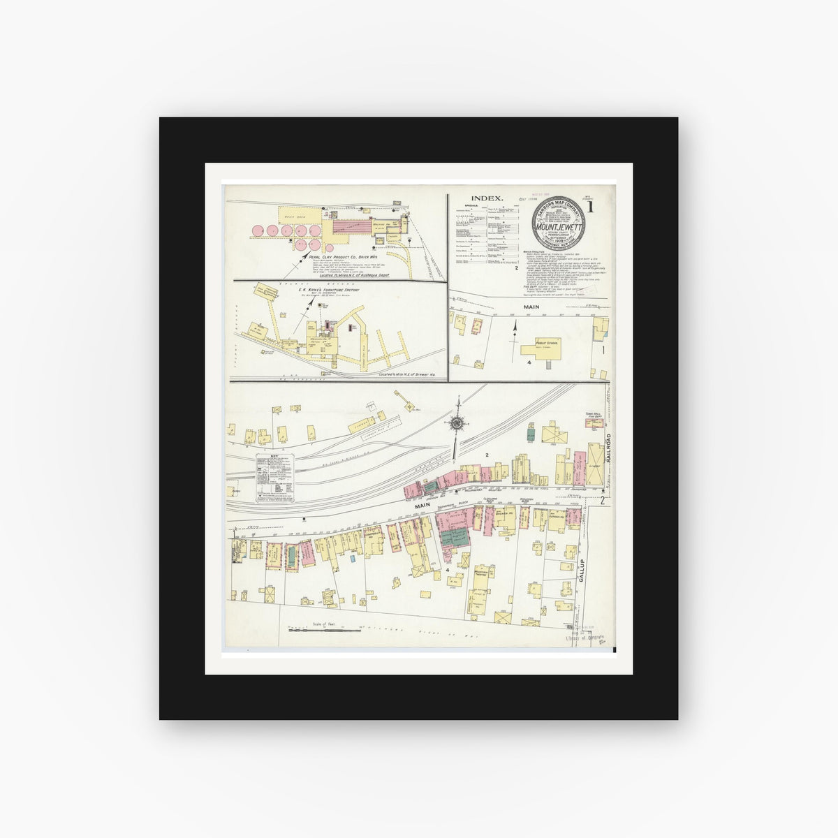 Old map wall art mockup — black gallery frame with white mat — Sanborn Fire Insurance Map from Mount Jewett, McKean County, Pennsylvania (1909) - Complete Map Set