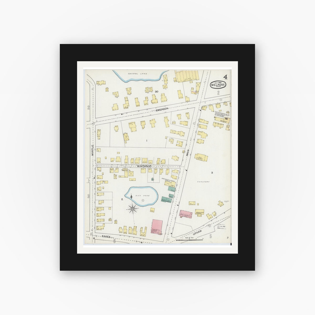 Old map wall art mockup — black gallery frame with white mat — Sanborn Fire Insurance Map from Melrose, Middlesex County, Massachusetts (1892), Sheet #0004