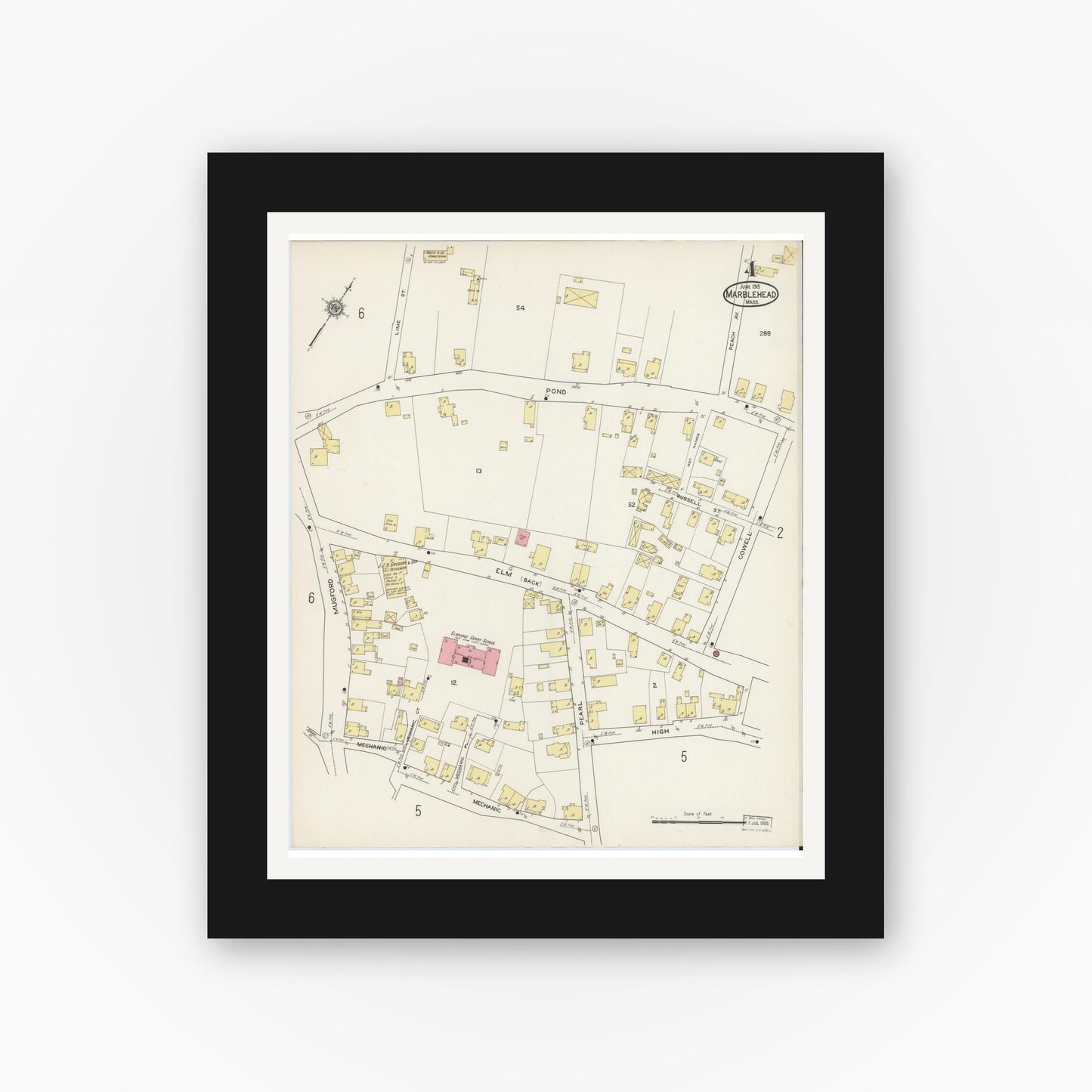Old map wall art mockup — black gallery frame with white mat — Sanborn Fire Insurance Map from Marblehead, Essex County, Massachusetts (1915), Sheet #0004