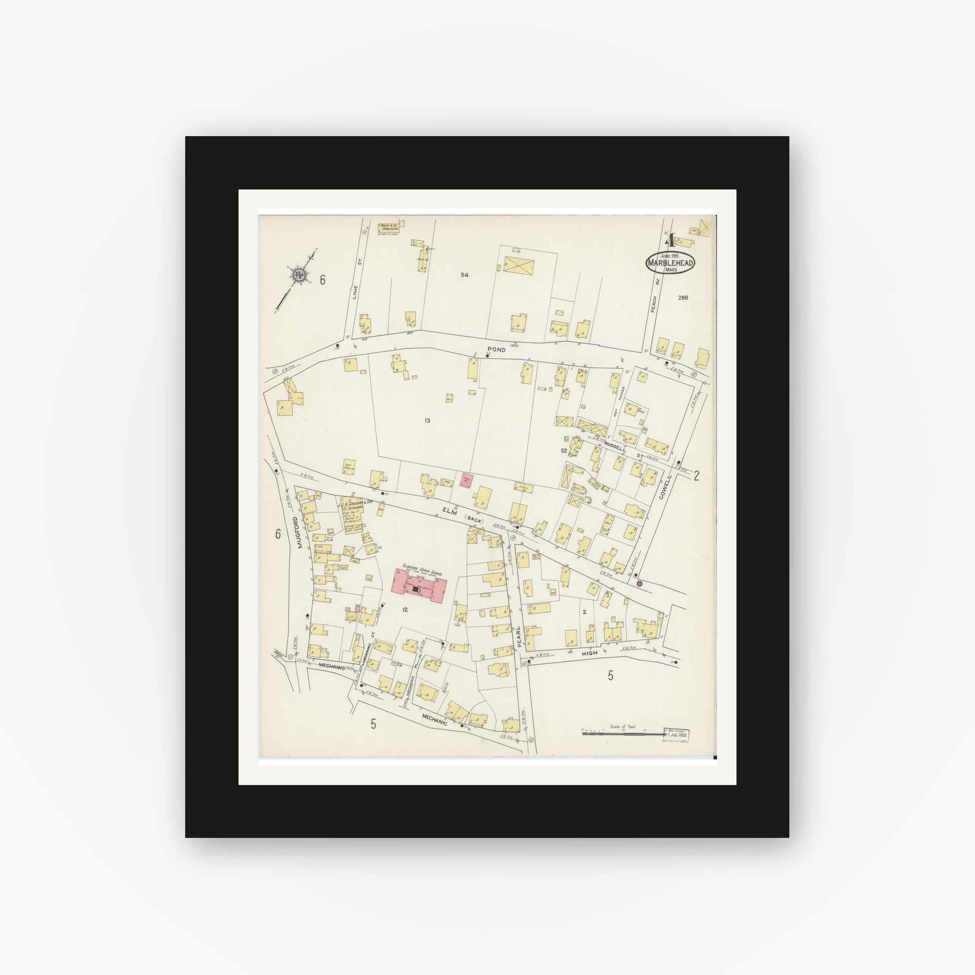 Old map wall art mockup — black gallery frame with white mat — Sanborn Fire Insurance Map from Marblehead, Essex County, Massachusetts (1915), Sheet #0004