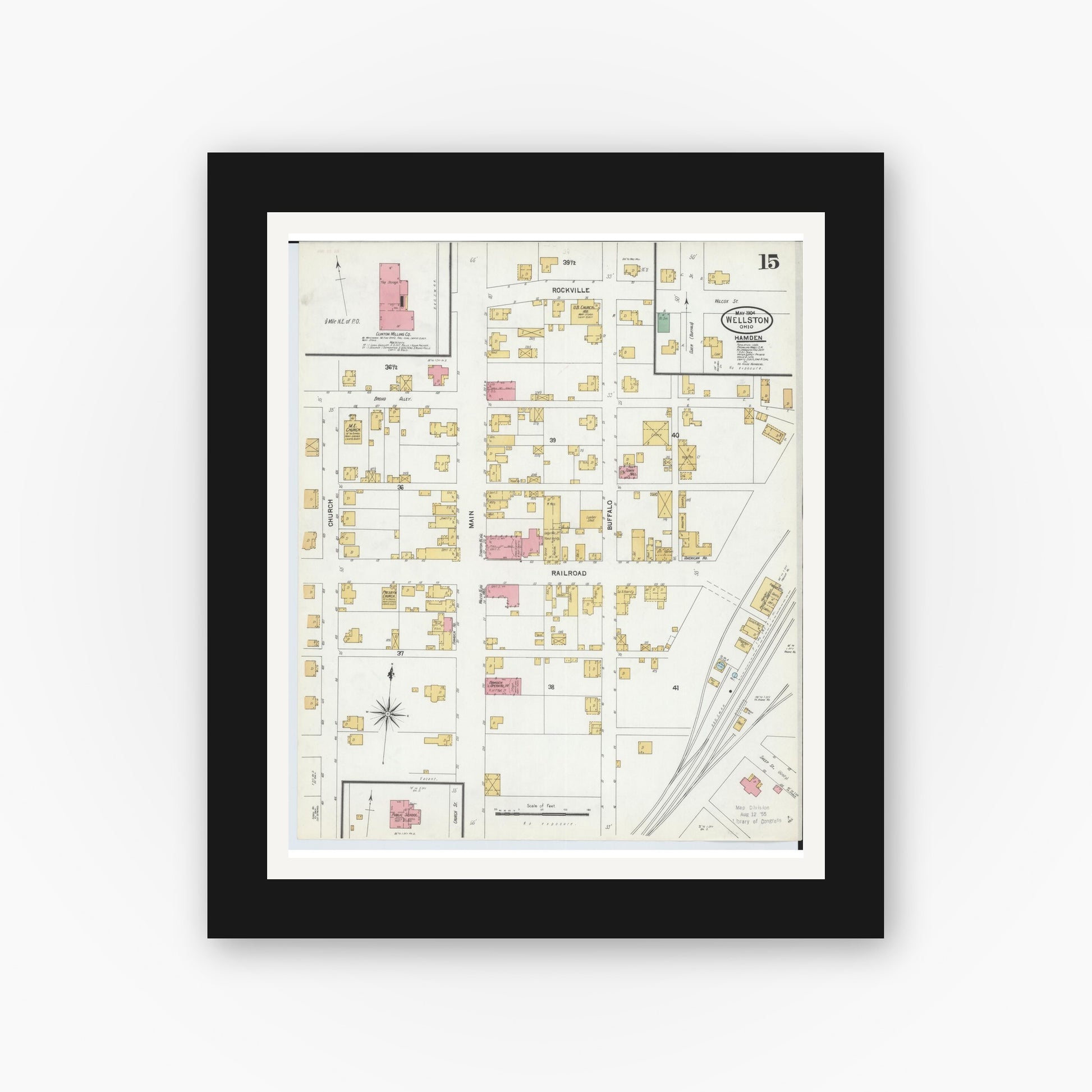 Old map wall art mockup — black gallery frame with white mat — Sanborn Fire Insurance Map from Wellston, Jackson County, Ohio (1904), Sheet #0015