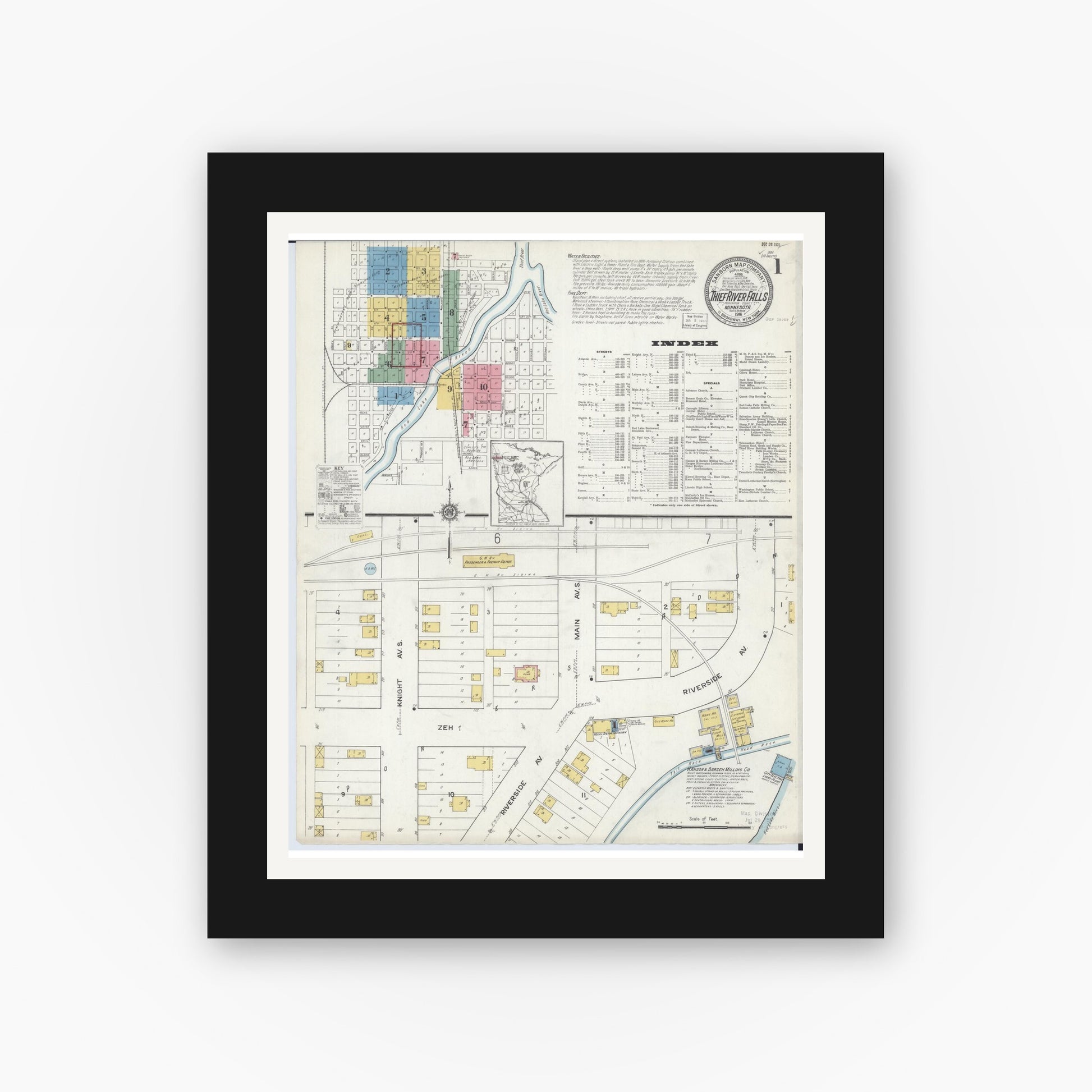 Old map wall art mockup — black gallery frame with white mat — Sanborn Fire Insurance Map from Thief River Falls, Pennington County, Minnesota (1916) - Complete Map Set