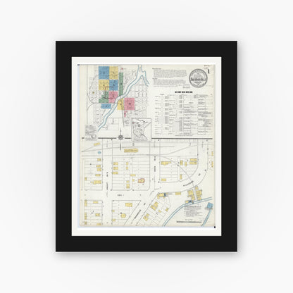 Old map wall art mockup — black gallery frame with white mat — Sanborn Fire Insurance Map from Thief River Falls, Pennington County, Minnesota (1916) - Complete Map Set