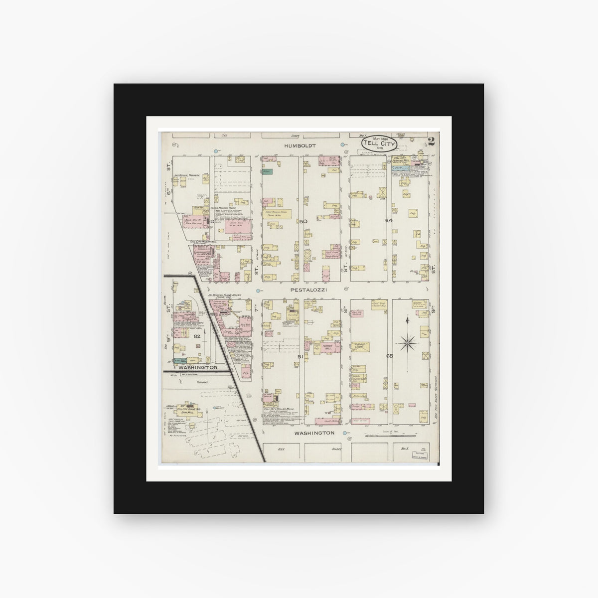 Old map wall art mockup — black gallery frame with white mat — Sanborn Fire Insurance Map from Tell City, Perry County, Indiana (1886), Sheet #0002