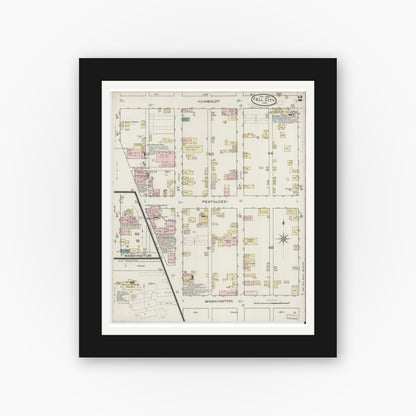 Old map wall art mockup — black gallery frame with white mat — Sanborn Fire Insurance Map from Tell City, Perry County, Indiana (1886), Sheet #0002