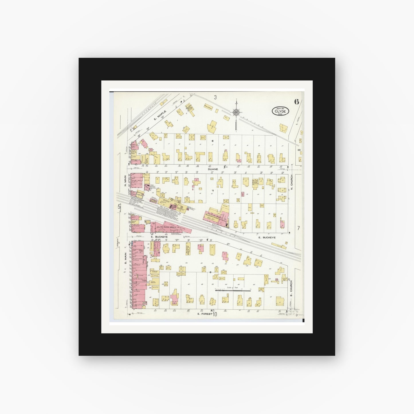 Old map wall art mockup — black gallery frame with white mat — Sanborn Fire Insurance Map from Clyde, Sandusky County, Ohio (1911), Sheet #0006