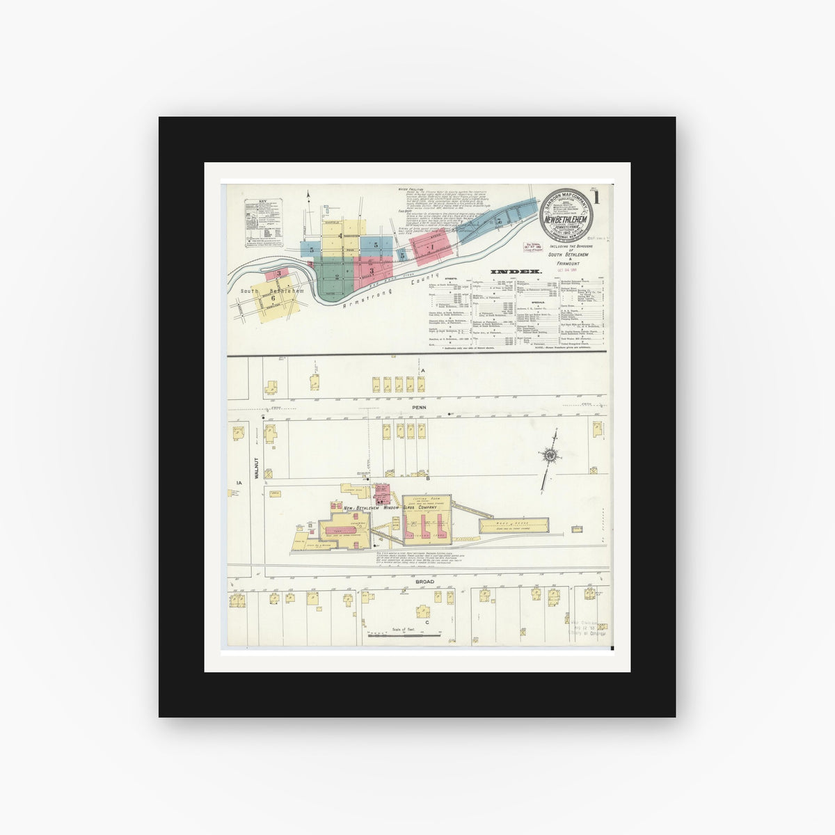 Old map wall art mockup — black gallery frame with white mat — Sanborn Fire Insurance Map from New Bethlehem, Clarion County, Pennsylvania (1910) - Complete Map Set