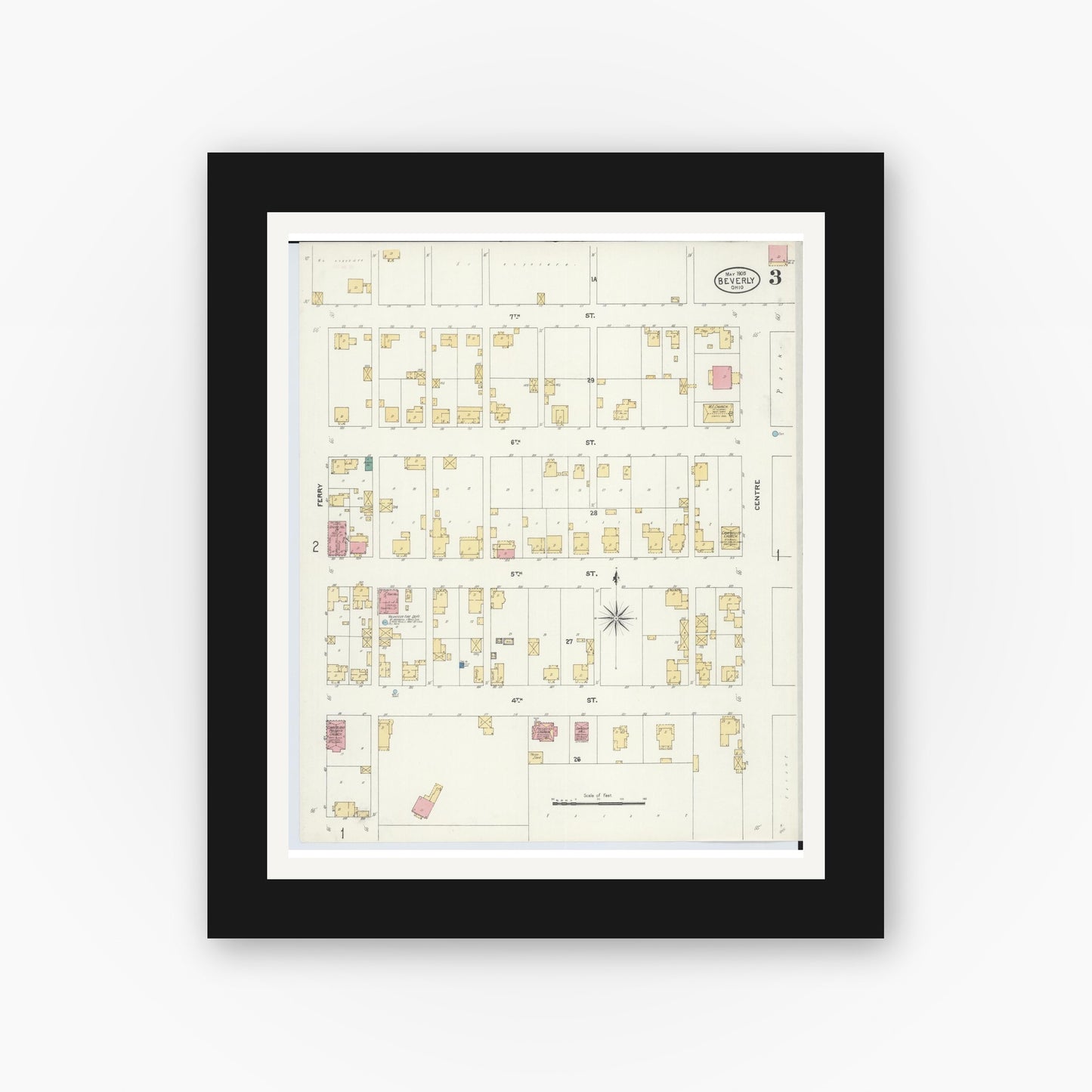 Old map wall art mockup — black gallery frame with white mat — Sanborn Fire Insurance Map from Beverly, Washington County, Ohio (1905), Sheet #0003