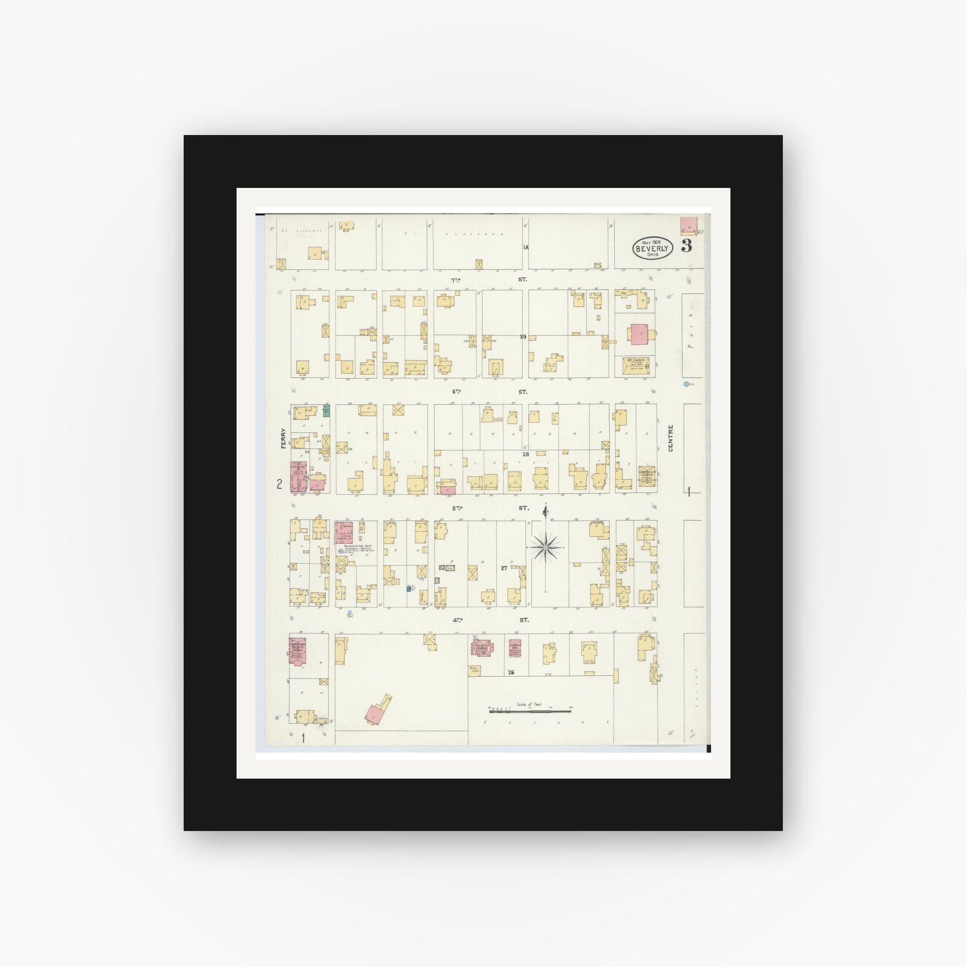 Old map wall art mockup — black gallery frame with white mat — Sanborn Fire Insurance Map from Beverly, Washington County, Ohio (1905), Sheet #0003