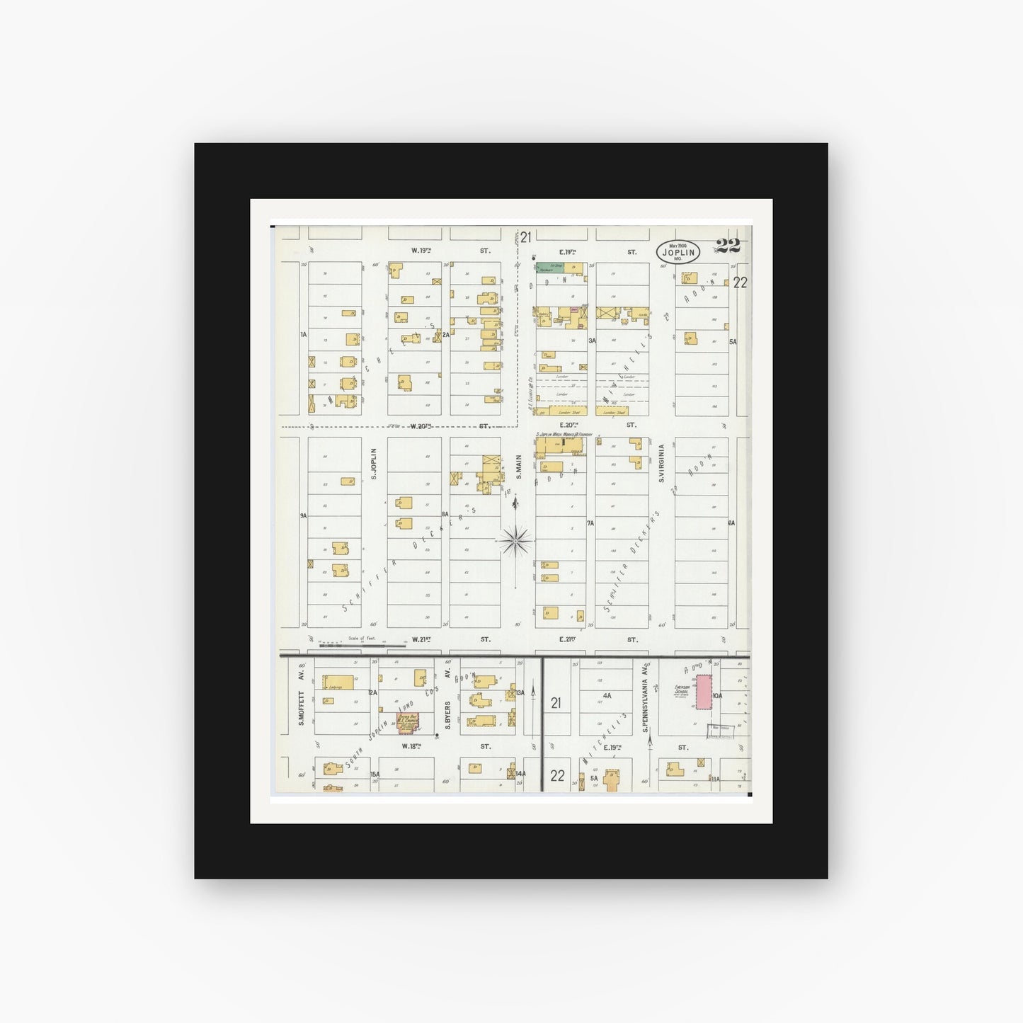 Old map wall art mockup — black gallery frame with white mat — Sanborn Fire Insurance Map from Joplin, Jasper County, Missouri (1900), Sheet #0022