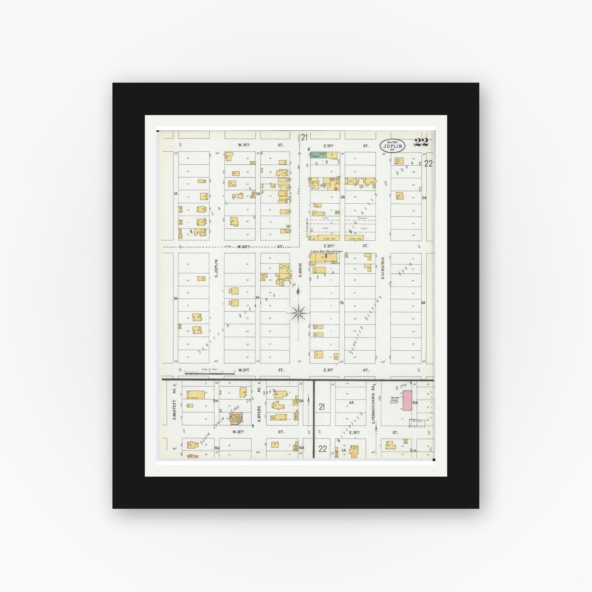 Old map wall art mockup — black gallery frame with white mat — Sanborn Fire Insurance Map from Joplin, Jasper County, Missouri (1900), Sheet #0022