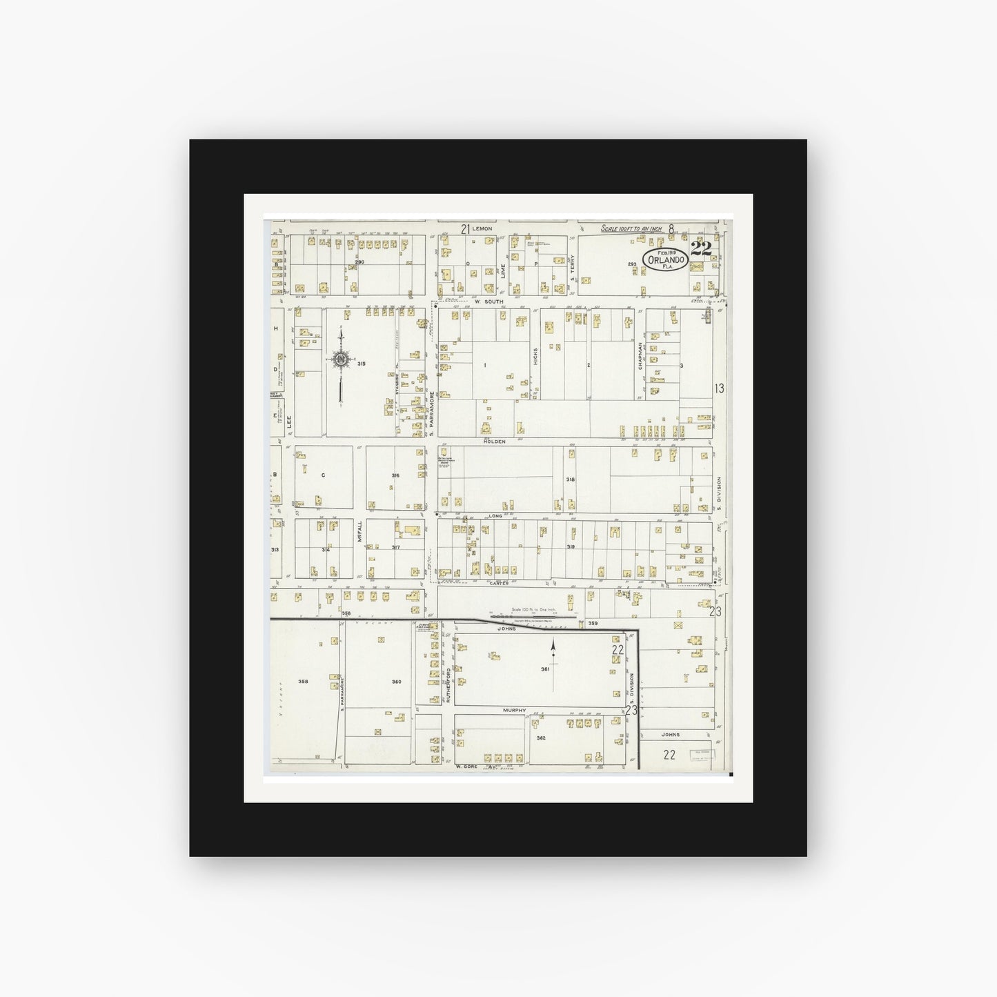 Old map wall art mockup — black gallery frame with white mat — Sanborn Fire Insurance Map from Orlando, Orange County, Florida (1919), Sheet #0022