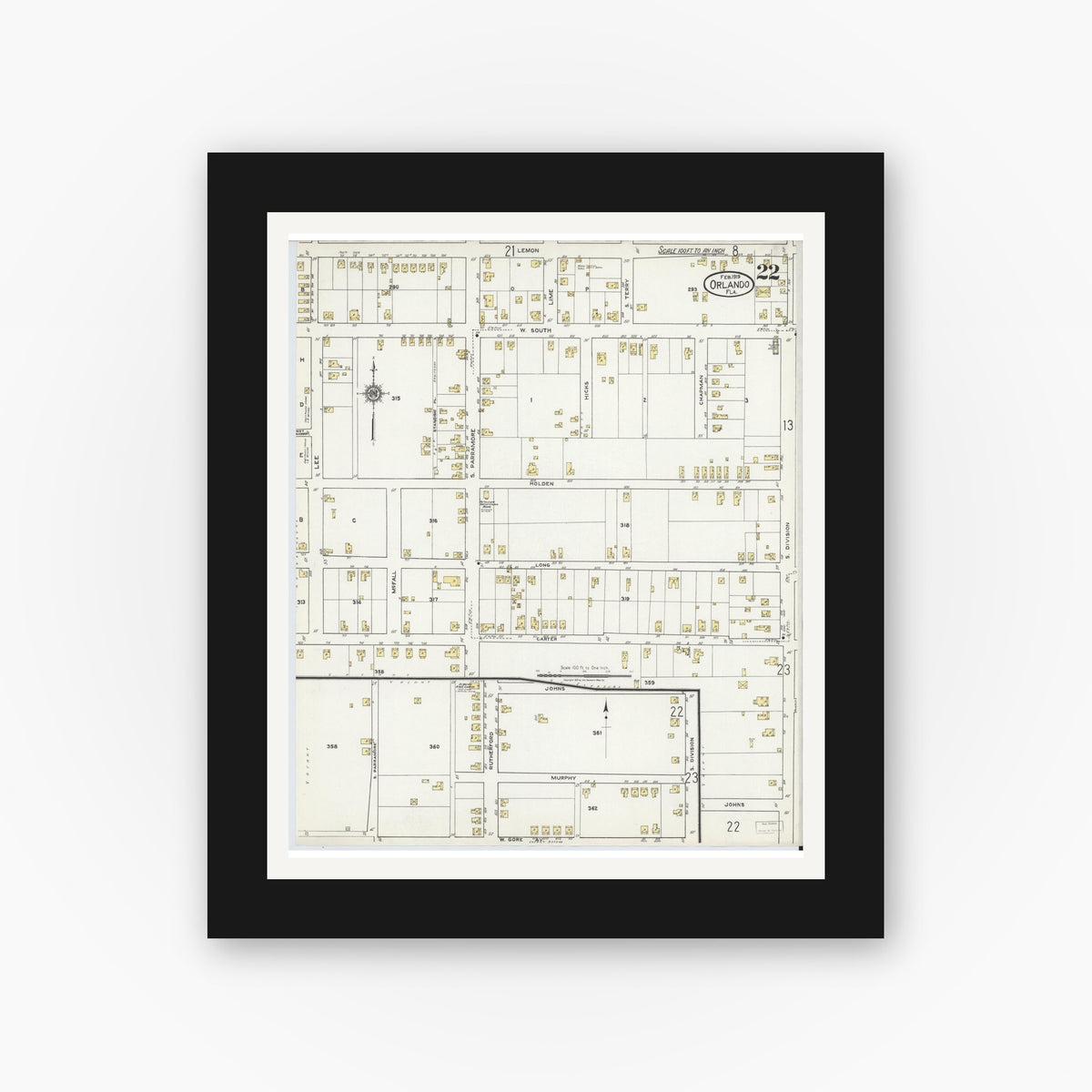 Old map wall art mockup — black gallery frame with white mat — Sanborn Fire Insurance Map from Orlando, Orange County, Florida (1919), Sheet #0022