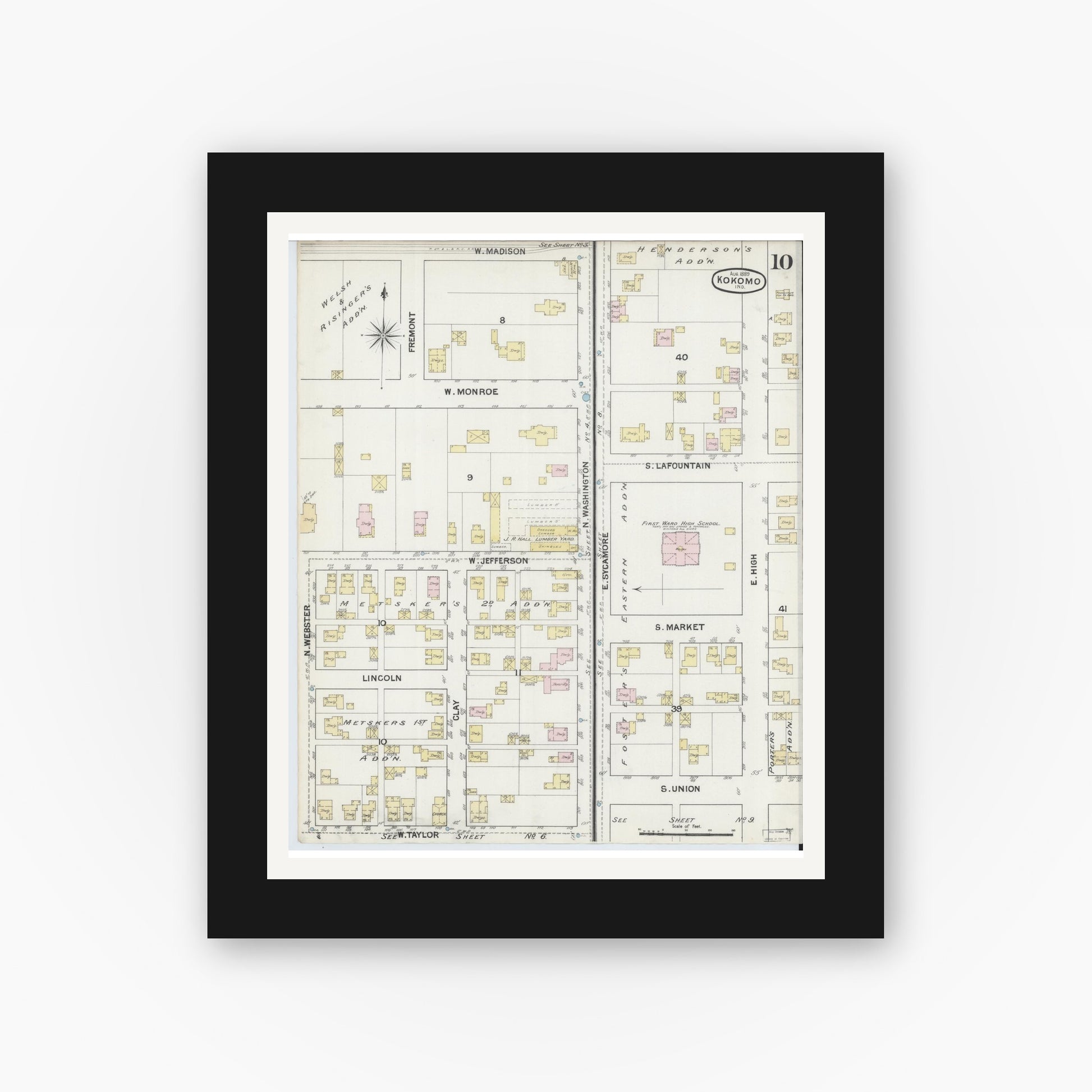Old map wall art mockup — black gallery frame with white mat — Sanborn Fire Insurance Map from Kokomo, Howard County, Indiana (1889), Sheet #0010