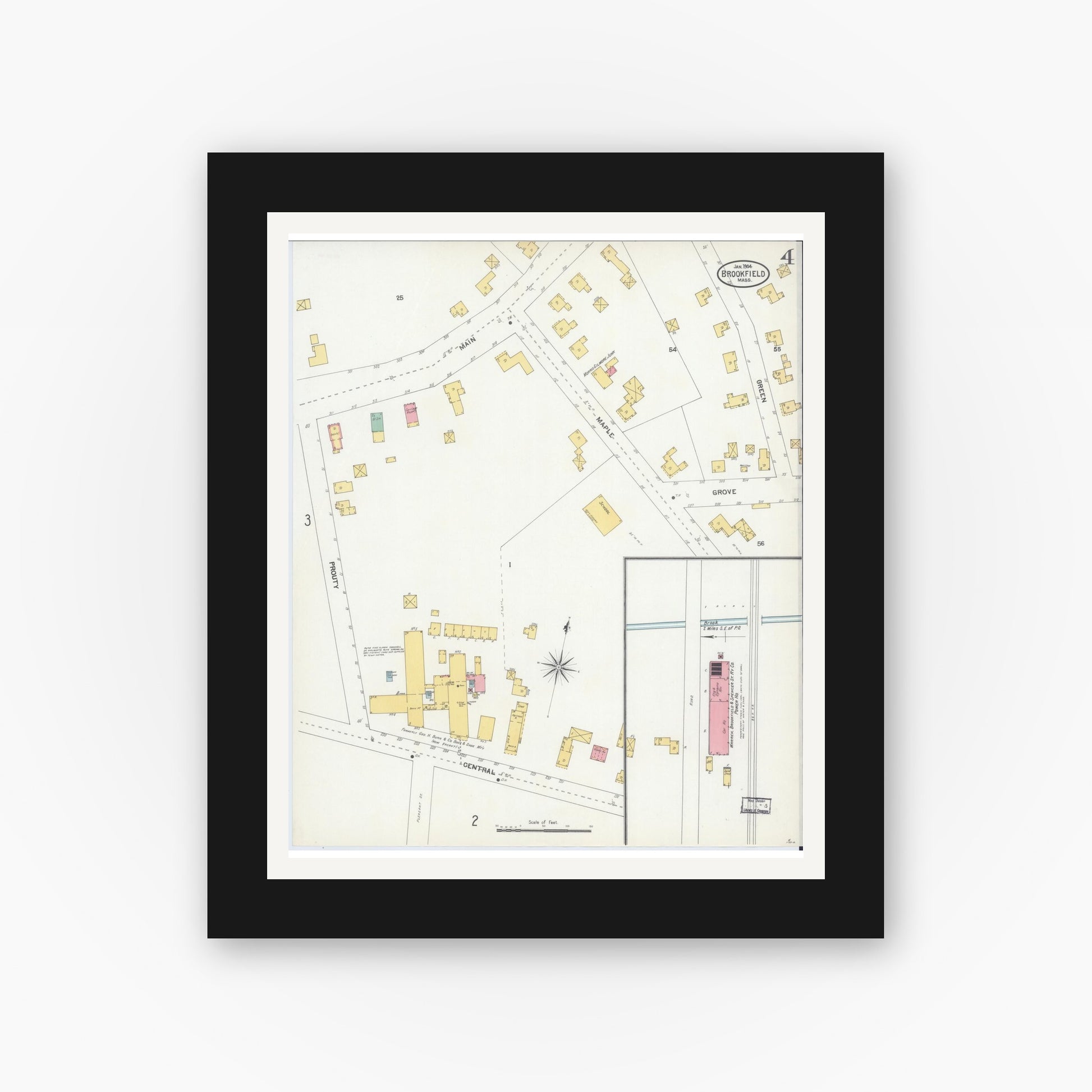 Old map wall art mockup — black gallery frame with white mat — Sanborn Fire Insurance Map from Brookfield, Worcester County, Massachusetts (1904), Sheet #0004