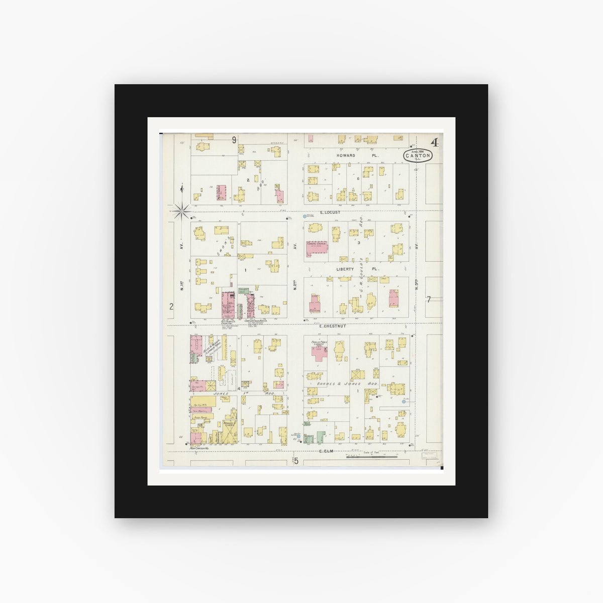 Old map wall art mockup — black gallery frame with white mat — Sanborn Fire Insurance Map from Canton, Fulton County, Illinois (1896), Sheet #0004