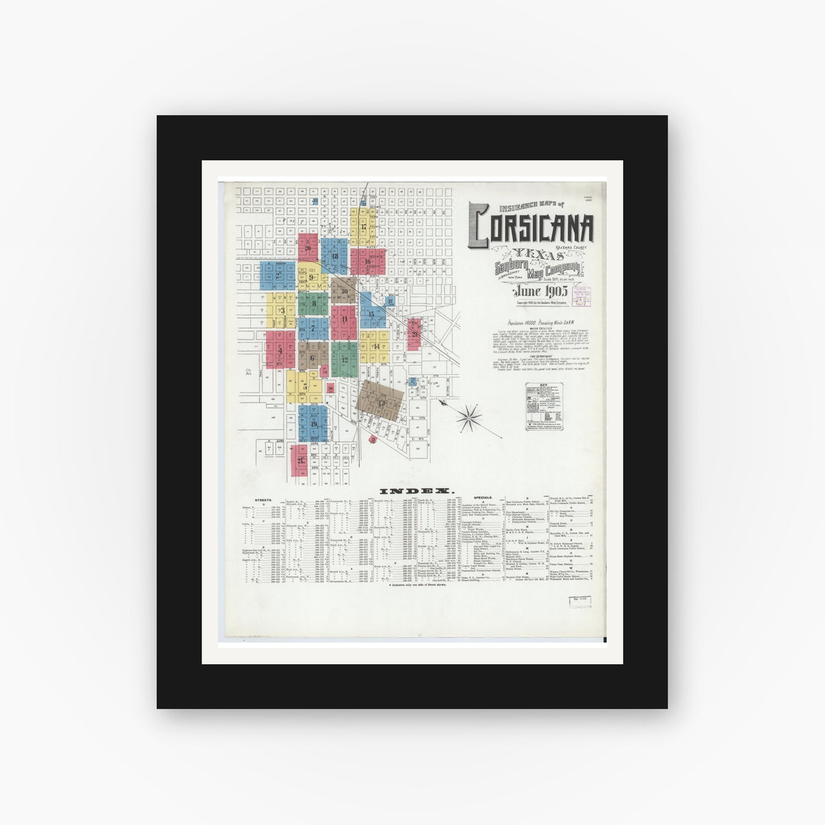 Old map wall art mockup — black gallery frame with white mat — Sanborn Fire Insurance Map from Corsicana, Navarro County, Texas (1905) - Complete Map Set