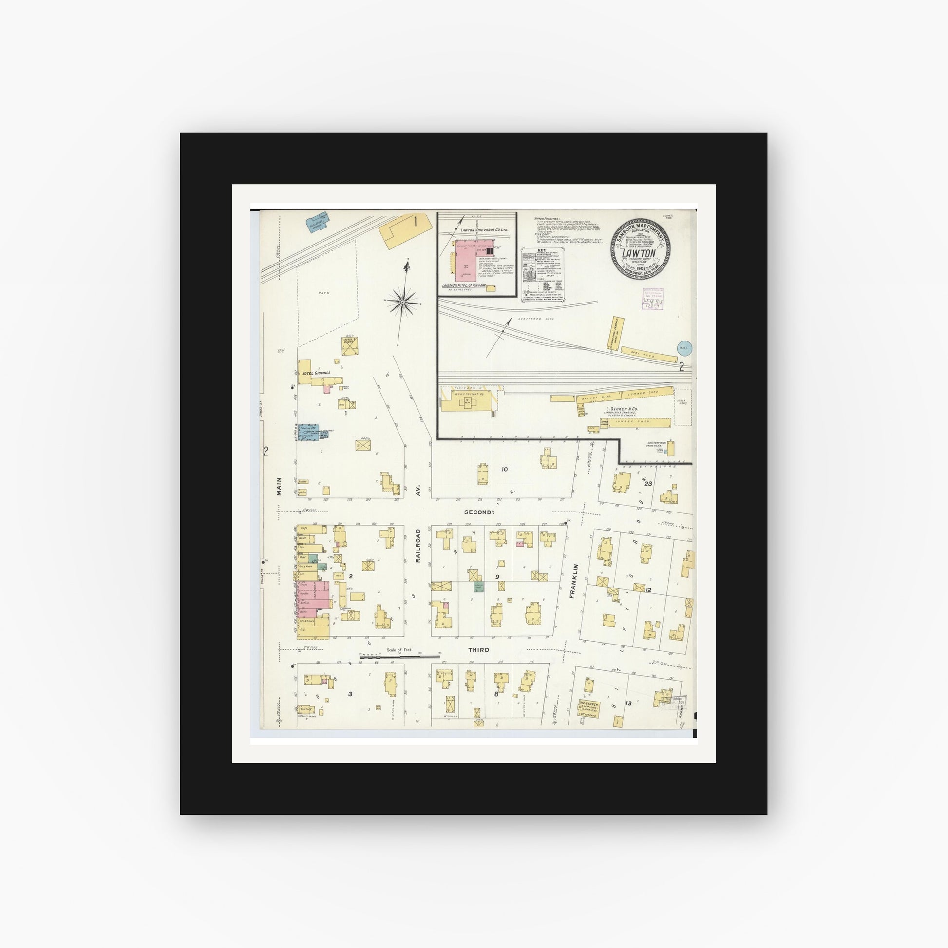Old map wall art mockup — black gallery frame with white mat — Sanborn Fire Insurance Map from Lawton, Van Buren County, Michigan (1908) - Complete Map Set