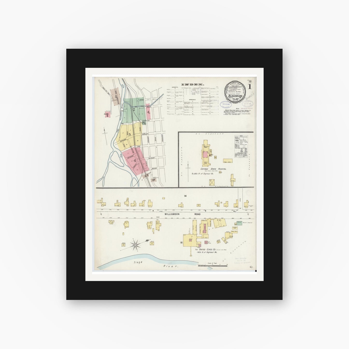 Old map wall art mockup — black gallery frame with white mat — Sanborn Fire Insurance Map from Blossburg, Tioga County, Pennsylvania (1897), Sheet #0001