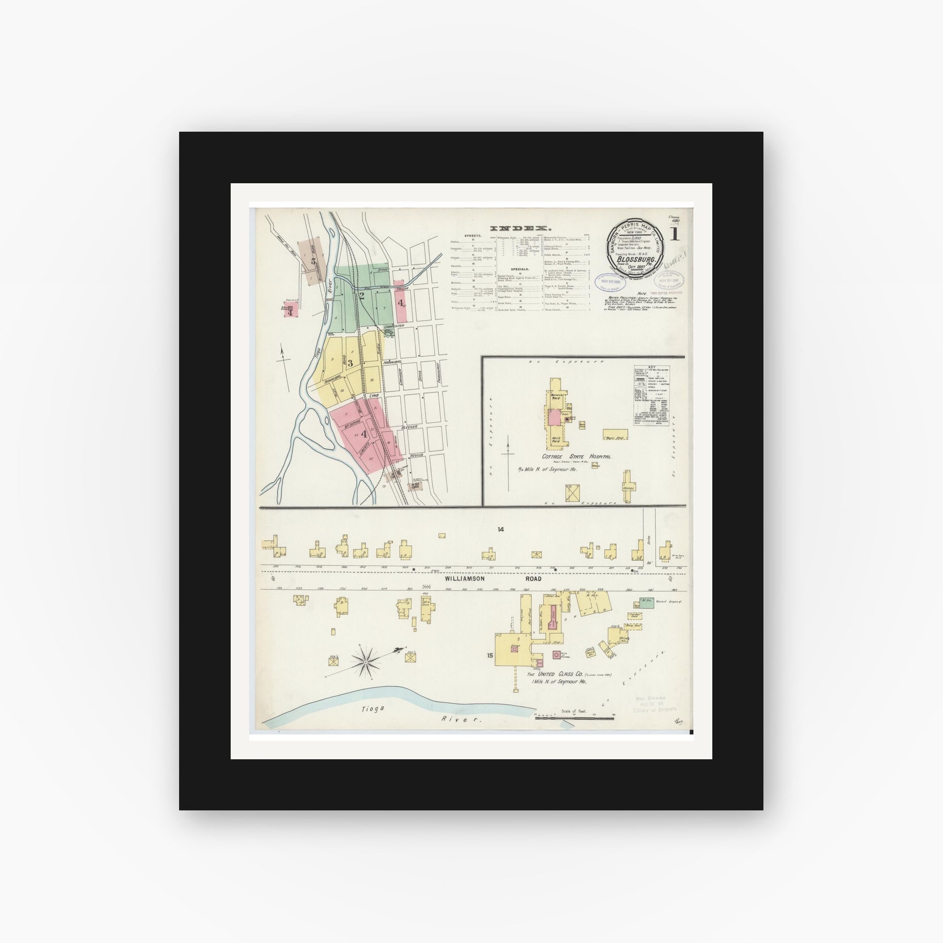 Old map wall art mockup — black gallery frame with white mat — Sanborn Fire Insurance Map from Blossburg, Tioga County, Pennsylvania (1897), Sheet #0001
