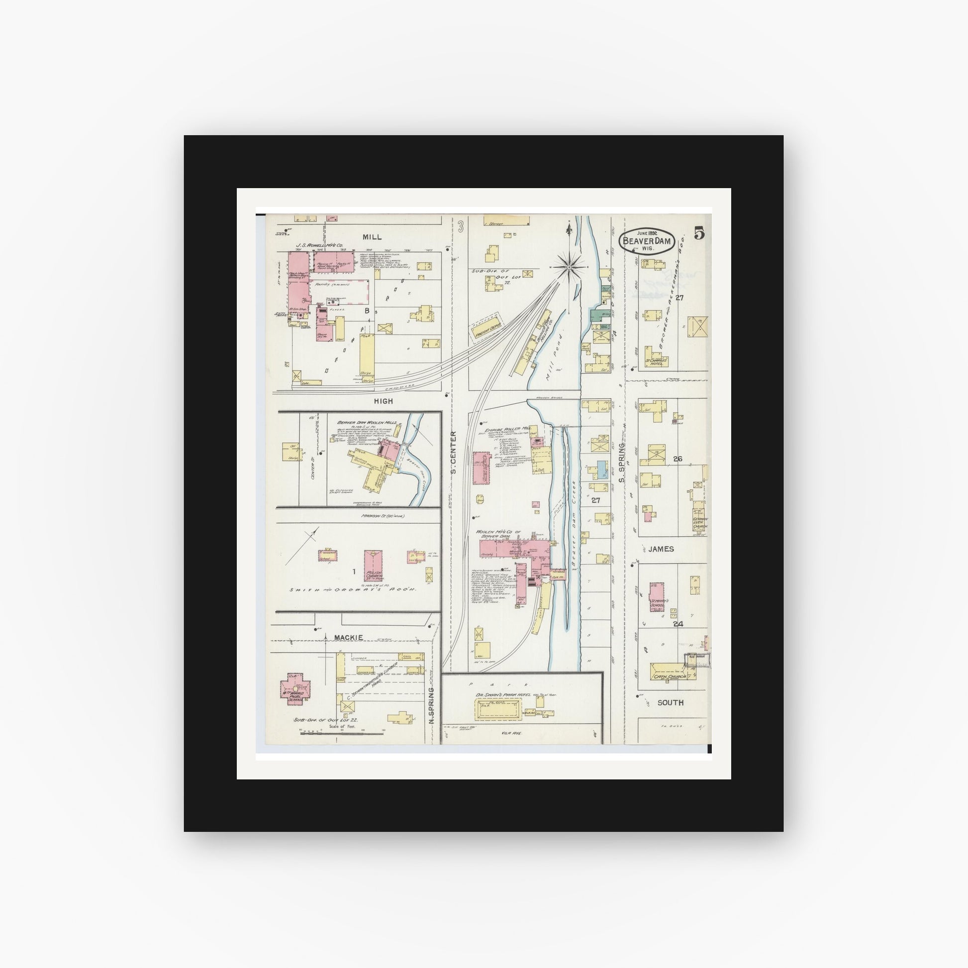 Old map wall art mockup — black gallery frame with white mat — Sanborn Fire Insurance Map from Beaver Dam, Dodge County, Wisconsin (1892), Sheet #0005
