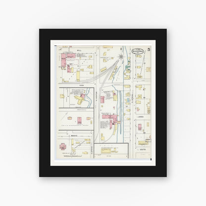 Old map wall art mockup — black gallery frame with white mat — Sanborn Fire Insurance Map from Beaver Dam, Dodge County, Wisconsin (1892), Sheet #0005