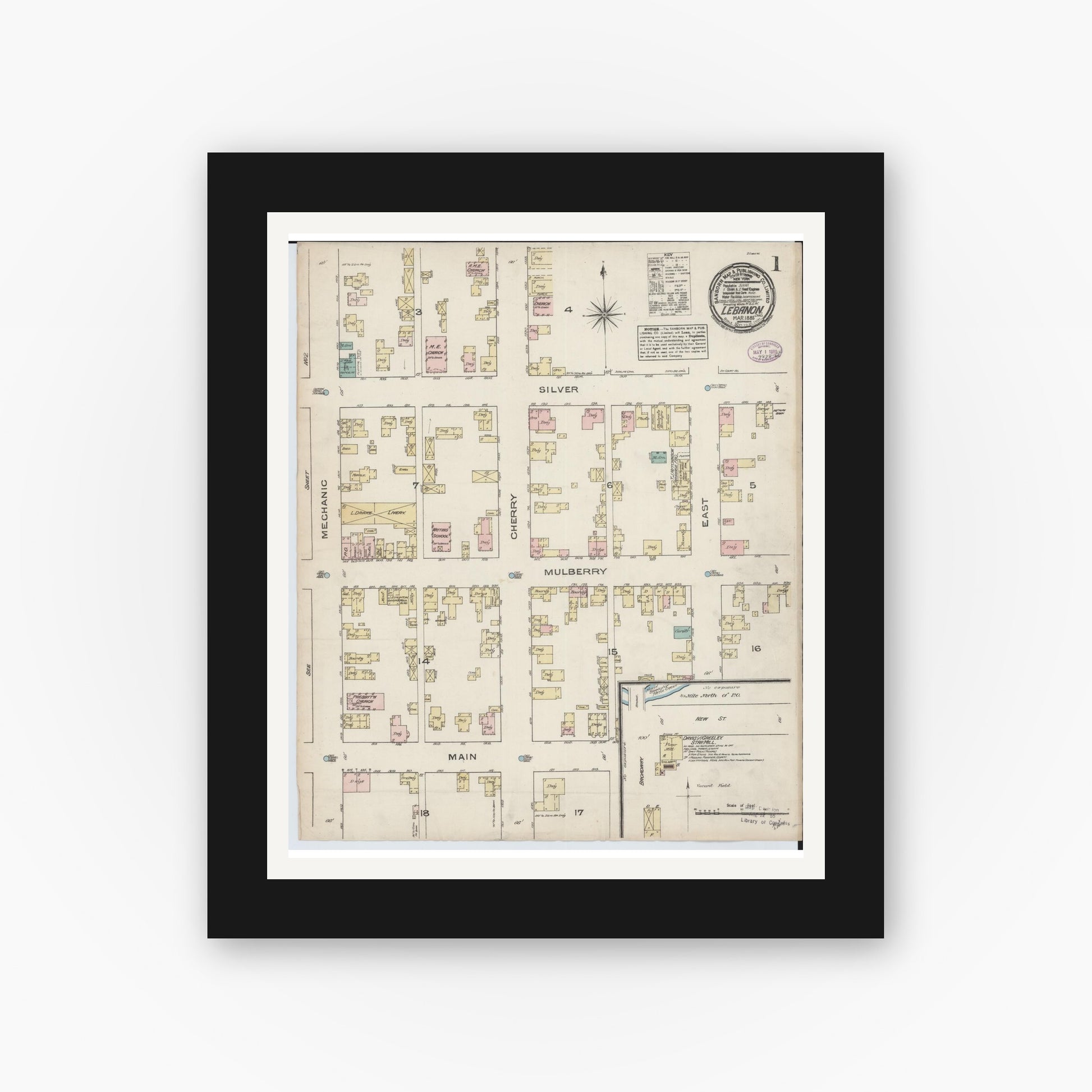 Old map wall art mockup — black gallery frame with white mat — Sanborn Fire Insurance Map from Lebanon, Warren County, Ohio (1885), Sheet #0001