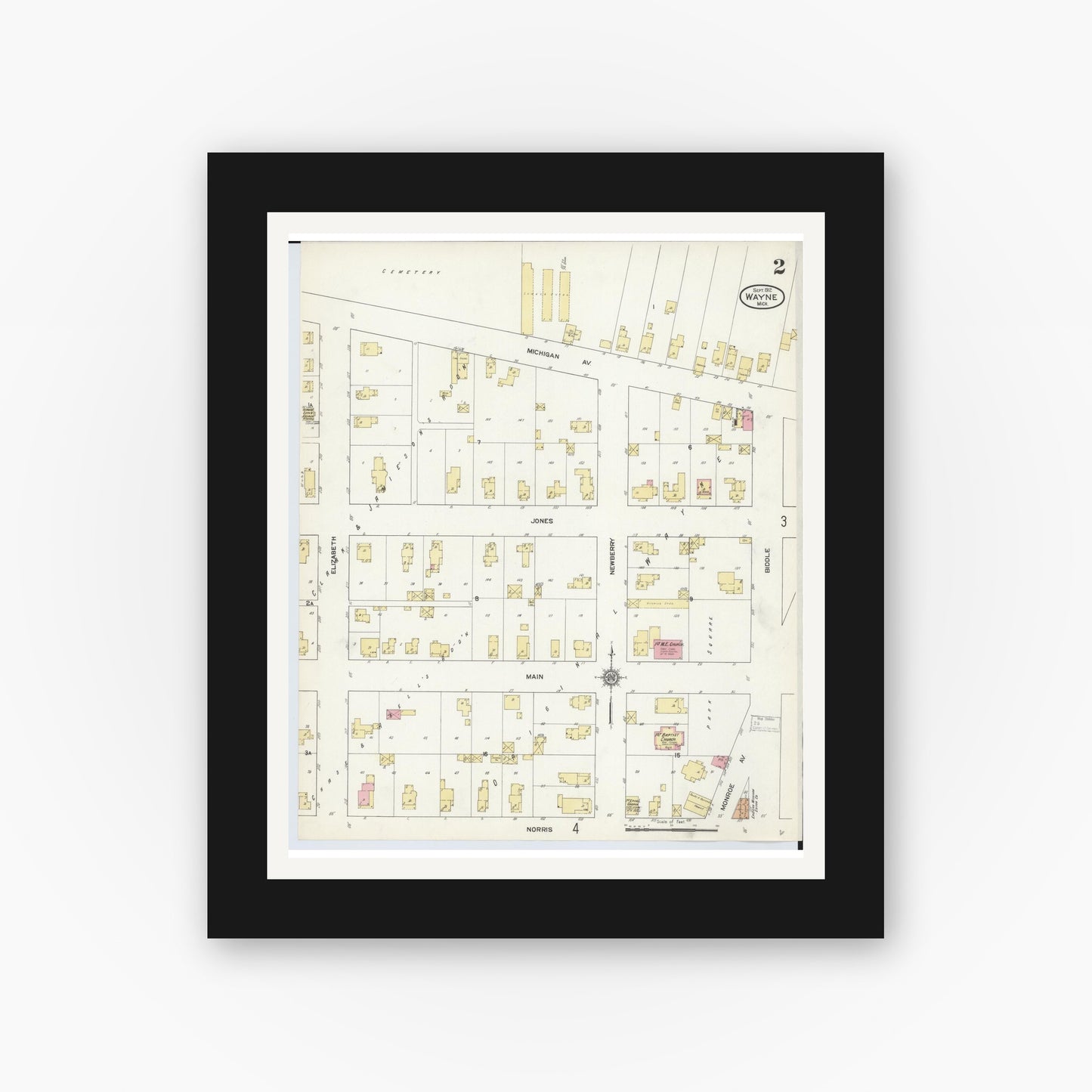 Old map wall art mockup — black gallery frame with white mat — Sanborn Fire Insurance Map from Wayne, Wayne County, Michigan (1912), Sheet #0002