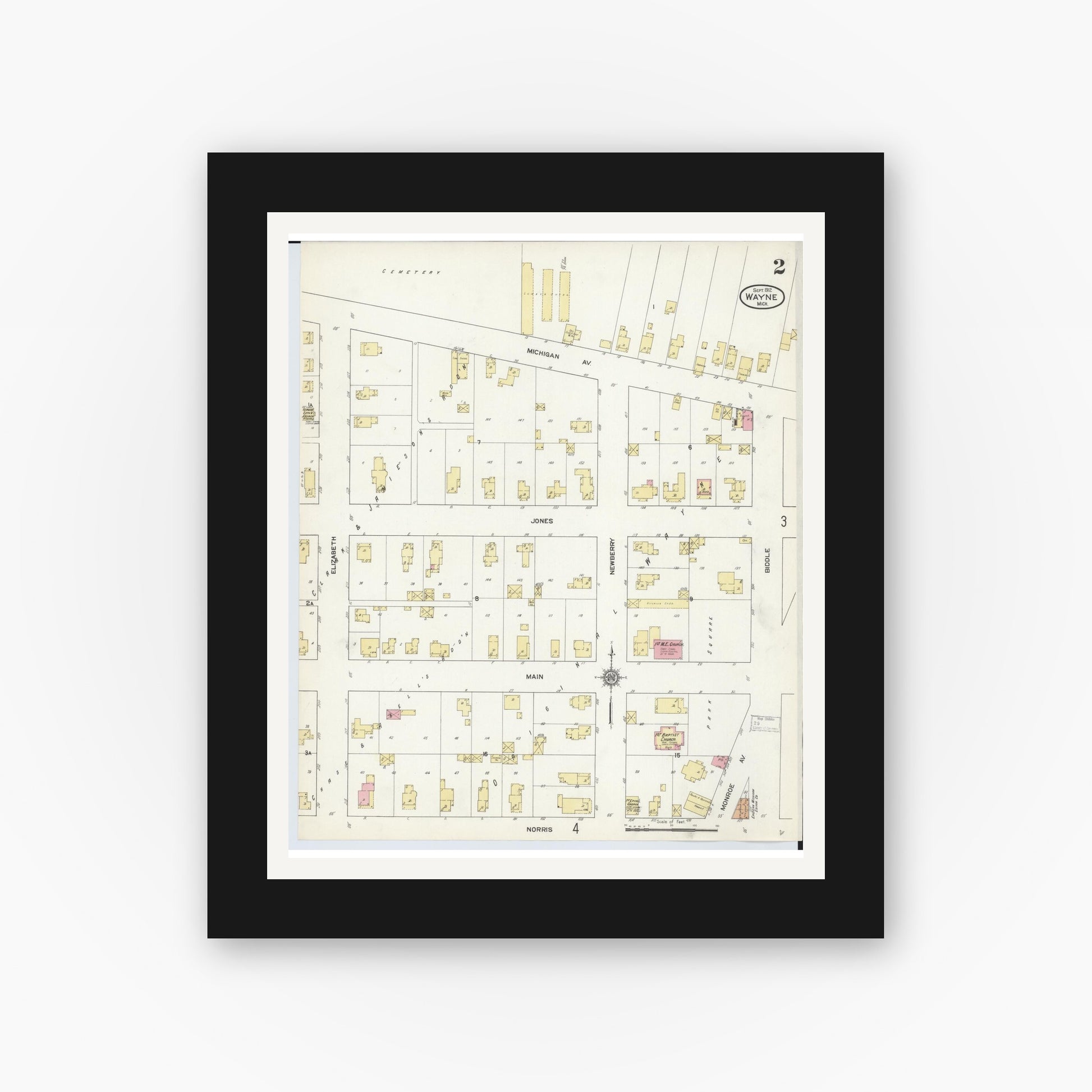 Old map wall art mockup — black gallery frame with white mat — Sanborn Fire Insurance Map from Wayne, Wayne County, Michigan (1912), Sheet #0002