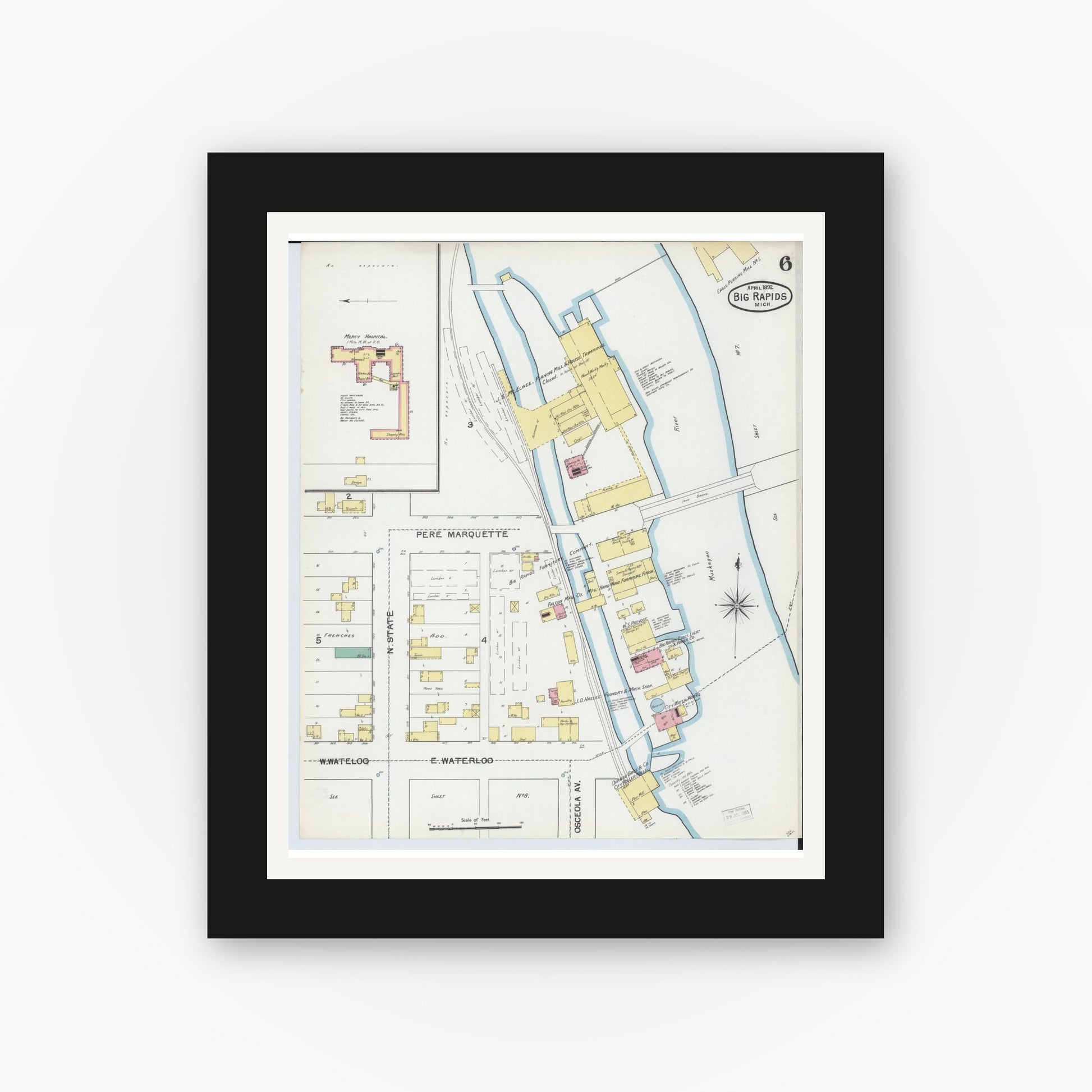 Old map wall art mockup — black gallery frame with white mat — Sanborn Fire Insurance Map from Big Rapids, Mecosta County, Michigan (1892), Sheet #0006
