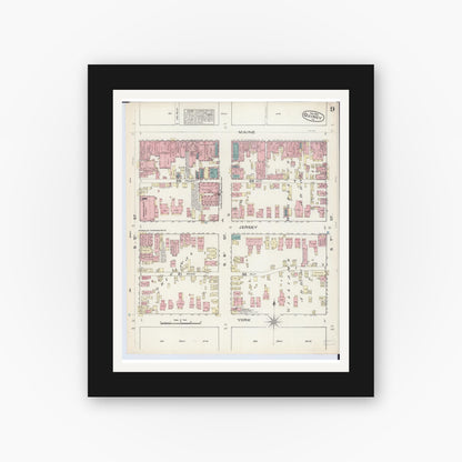 Old map wall art mockup — black gallery frame with white mat — Sanborn Fire Insurance Map from Quincy, Adams County, Illinois (1883), Sheet #0009