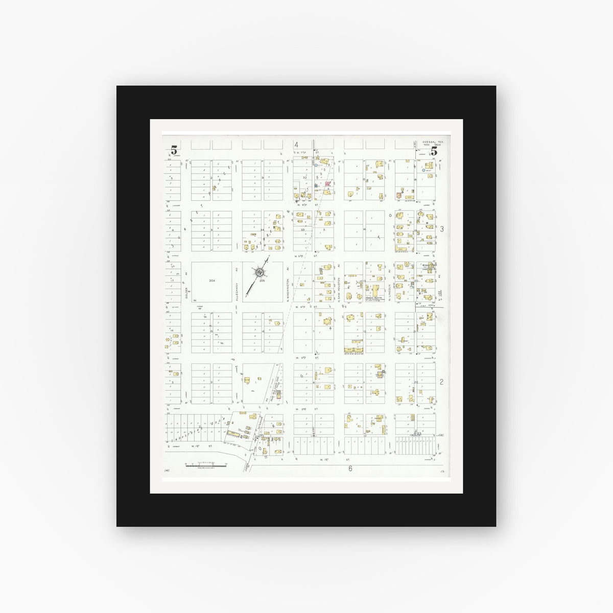 Old map wall art mockup — black gallery frame with white mat — Sanborn Fire Insurance Map from Odessa, Edger County, Texas (1934), Sheet #0005