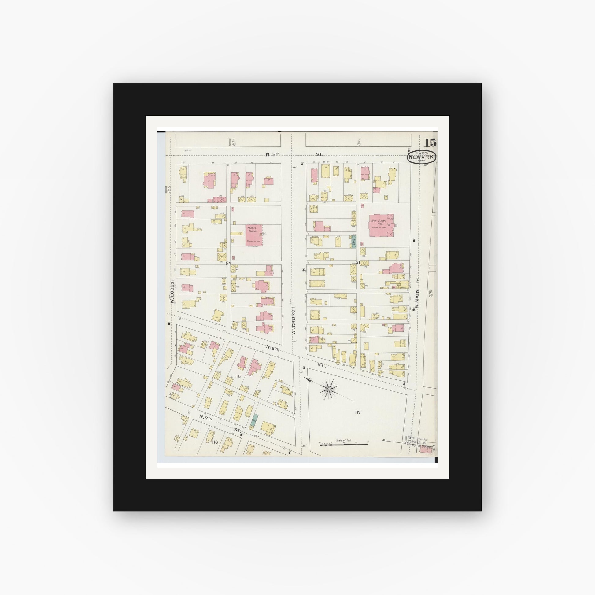 Old map wall art mockup — black gallery frame with white mat — Sanborn Fire Insurance Map from Newark, Licking County, Ohio (1893), Sheet #0015