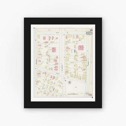 Old map wall art mockup — black gallery frame with white mat — Sanborn Fire Insurance Map from Newark, Licking County, Ohio (1893), Sheet #0015