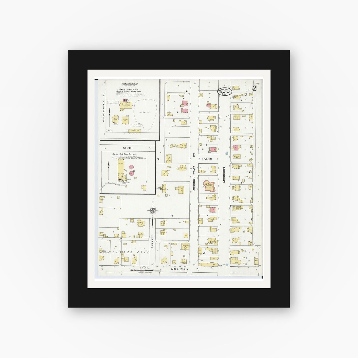 Old map wall art mockup — black gallery frame with white mat — Sanborn Fire Insurance Map from Nevada, Wyandot County, Ohio (1921), Sheet #0002
