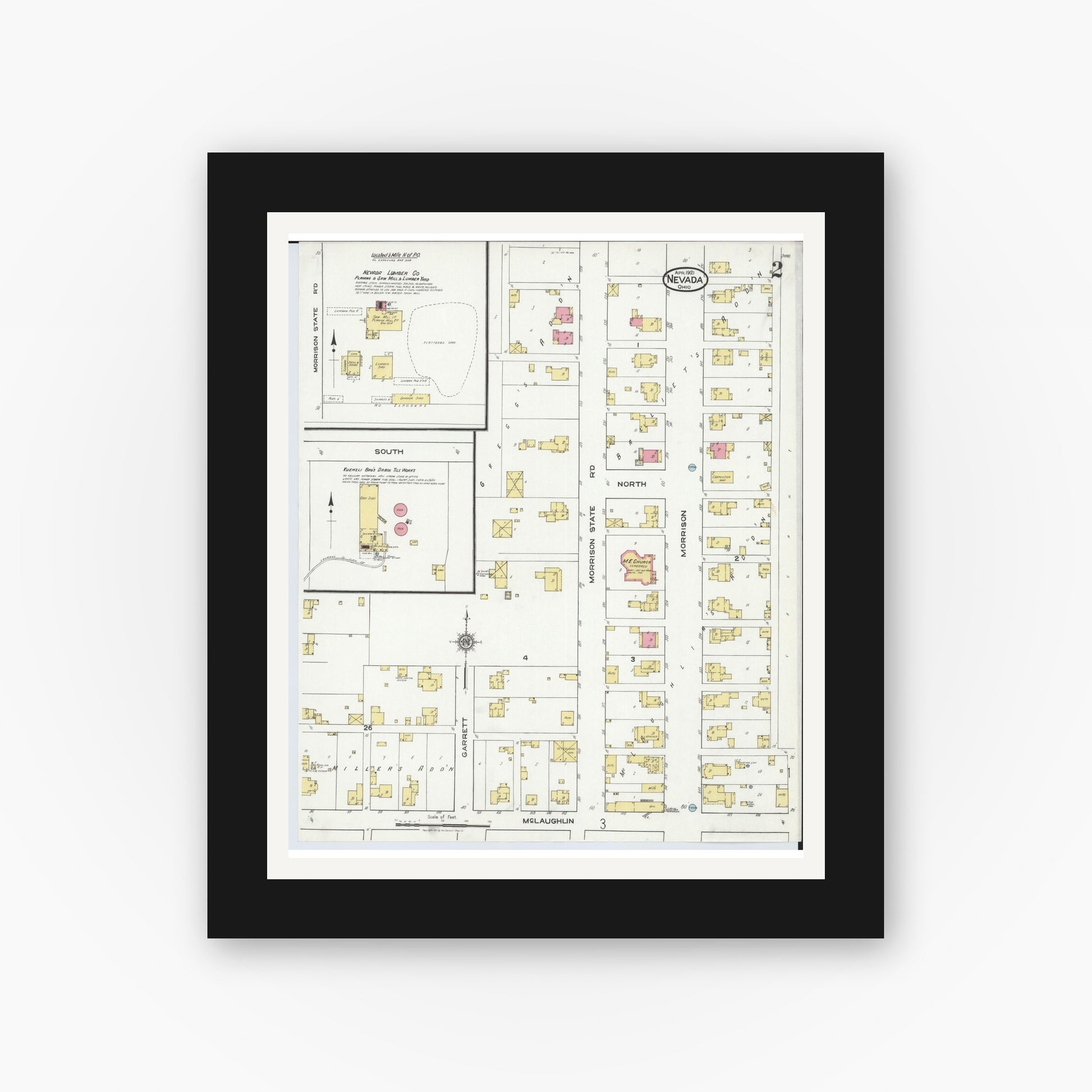 Old map wall art mockup — black gallery frame with white mat — Sanborn Fire Insurance Map from Nevada, Wyandot County, Ohio (1921), Sheet #0002