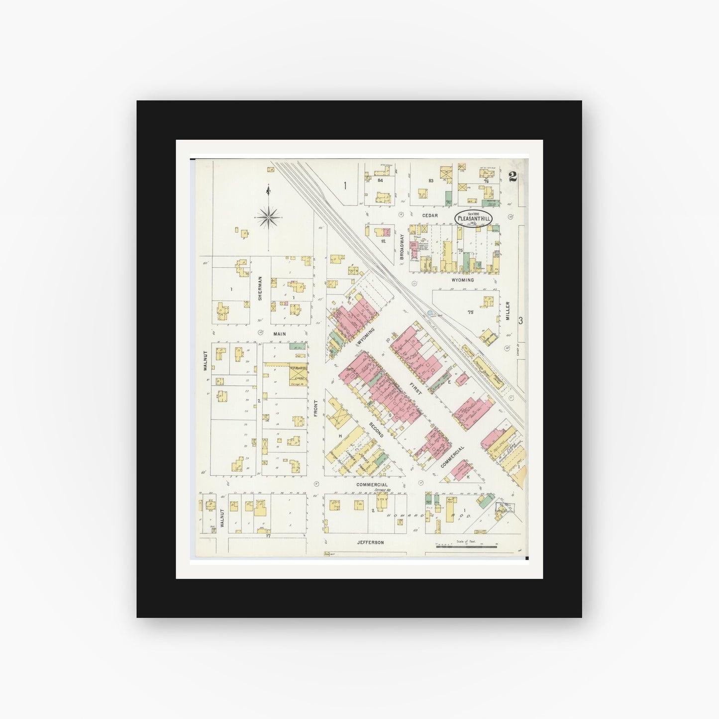 Old map wall art mockup — black gallery frame with white mat — Sanborn Fire Insurance Map from Pleasant Hill, Cass County, Missouri (1898), Sheet #0002