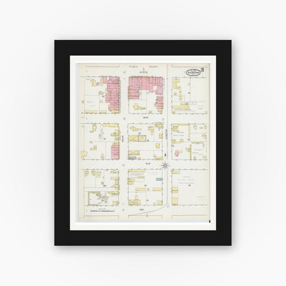 Old map wall art mockup — black gallery frame with white mat — Sanborn Fire Insurance Map from Bonham, Fannin County, Texas (1892), Sheet #0003