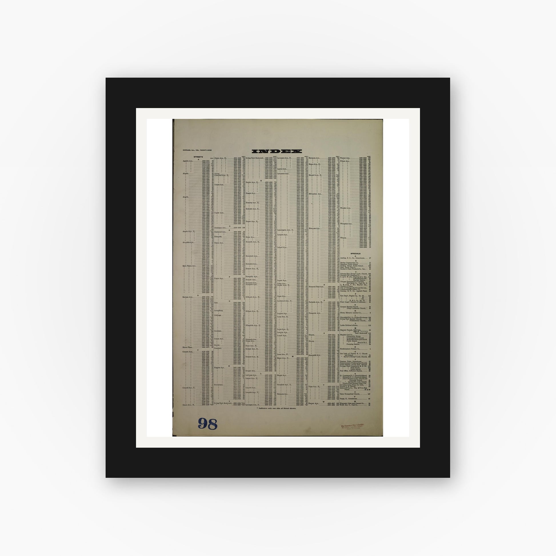Old map wall art mockup — black gallery frame with white mat — Sanborn Fire Insurance Map from Chicago, Cook County, Illinois (1940), Sheet #0001