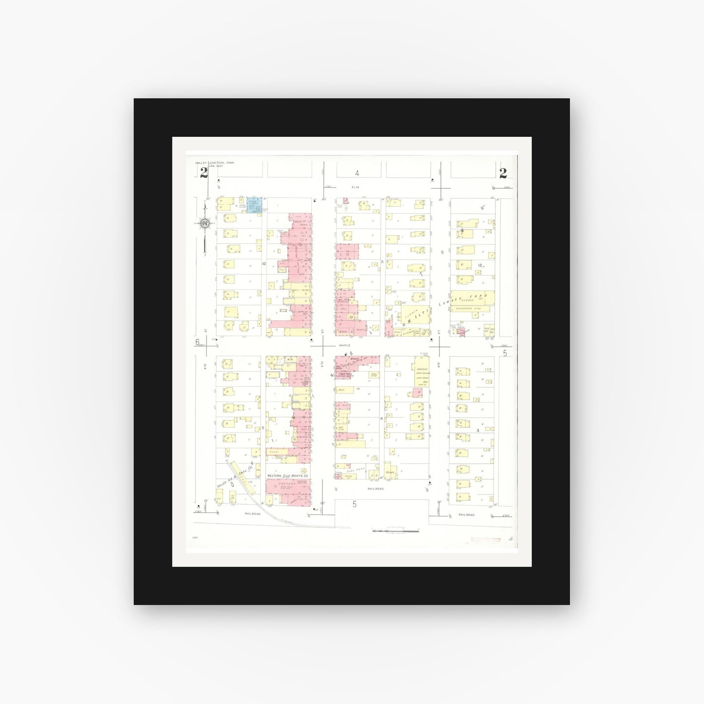 Old map wall art mockup — black gallery frame with white mat — Sanborn Fire Insurance Map from Valley Junction, Polk County, Iowa (1937), Sheet #0002