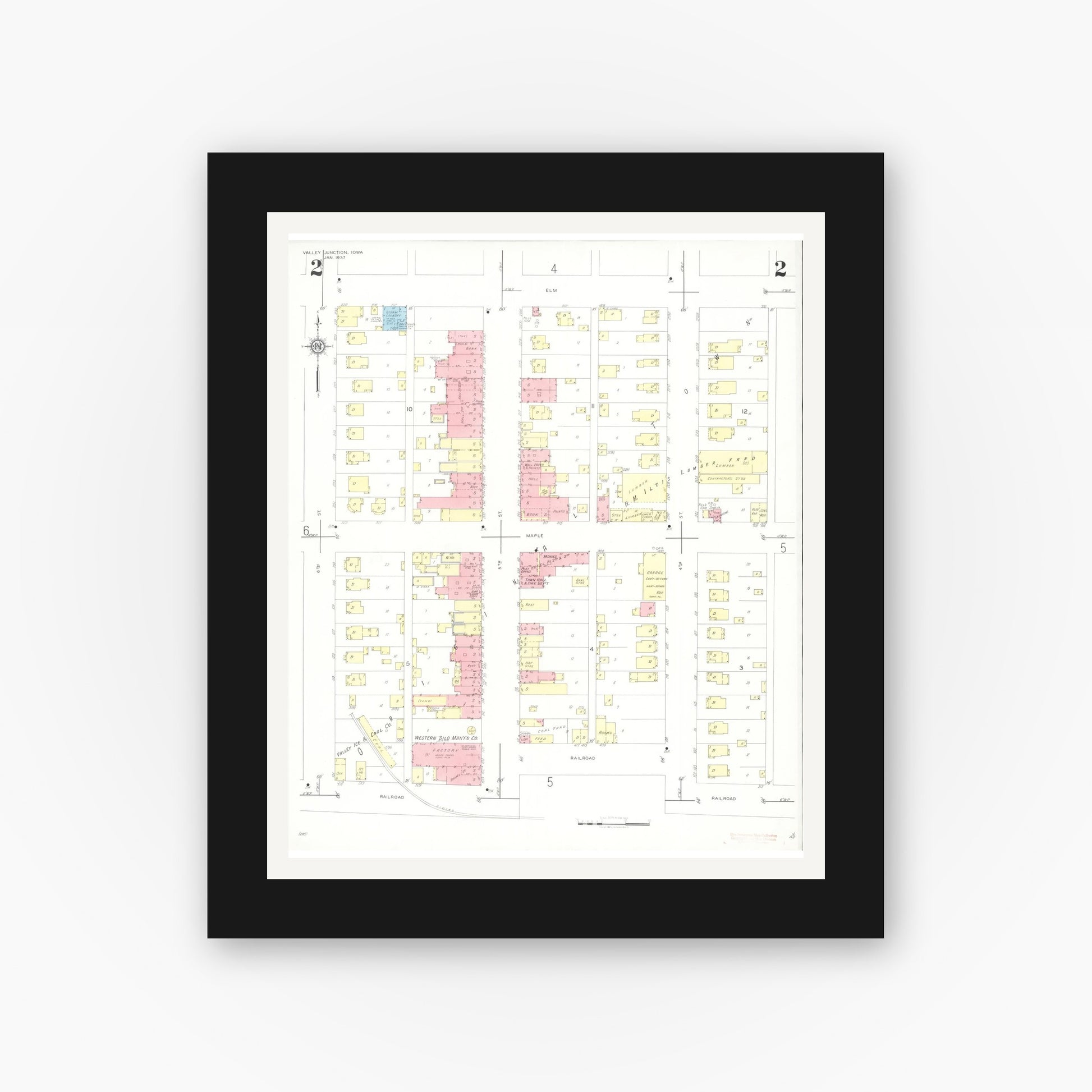 Old map wall art mockup — black gallery frame with white mat — Sanborn Fire Insurance Map from Valley Junction, Polk County, Iowa (1937), Sheet #0002